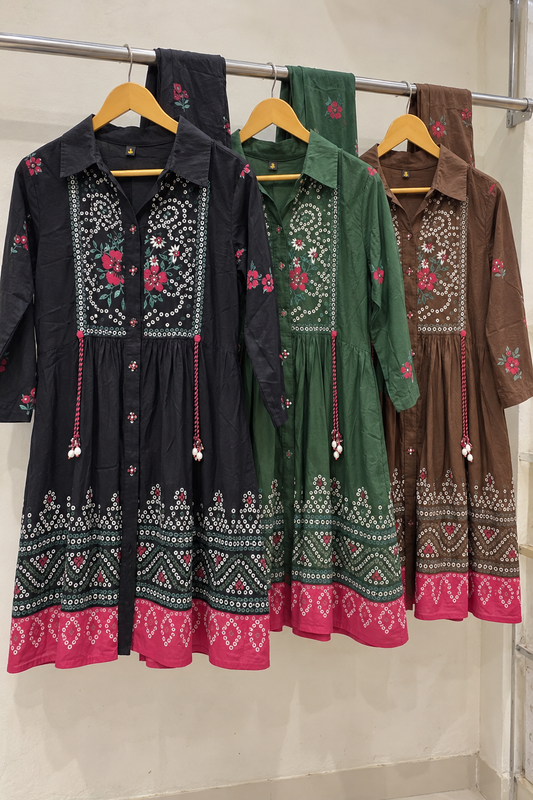 Floral Dotted Kurta & Palazzo Set – Black, Bottle Green or Brown
