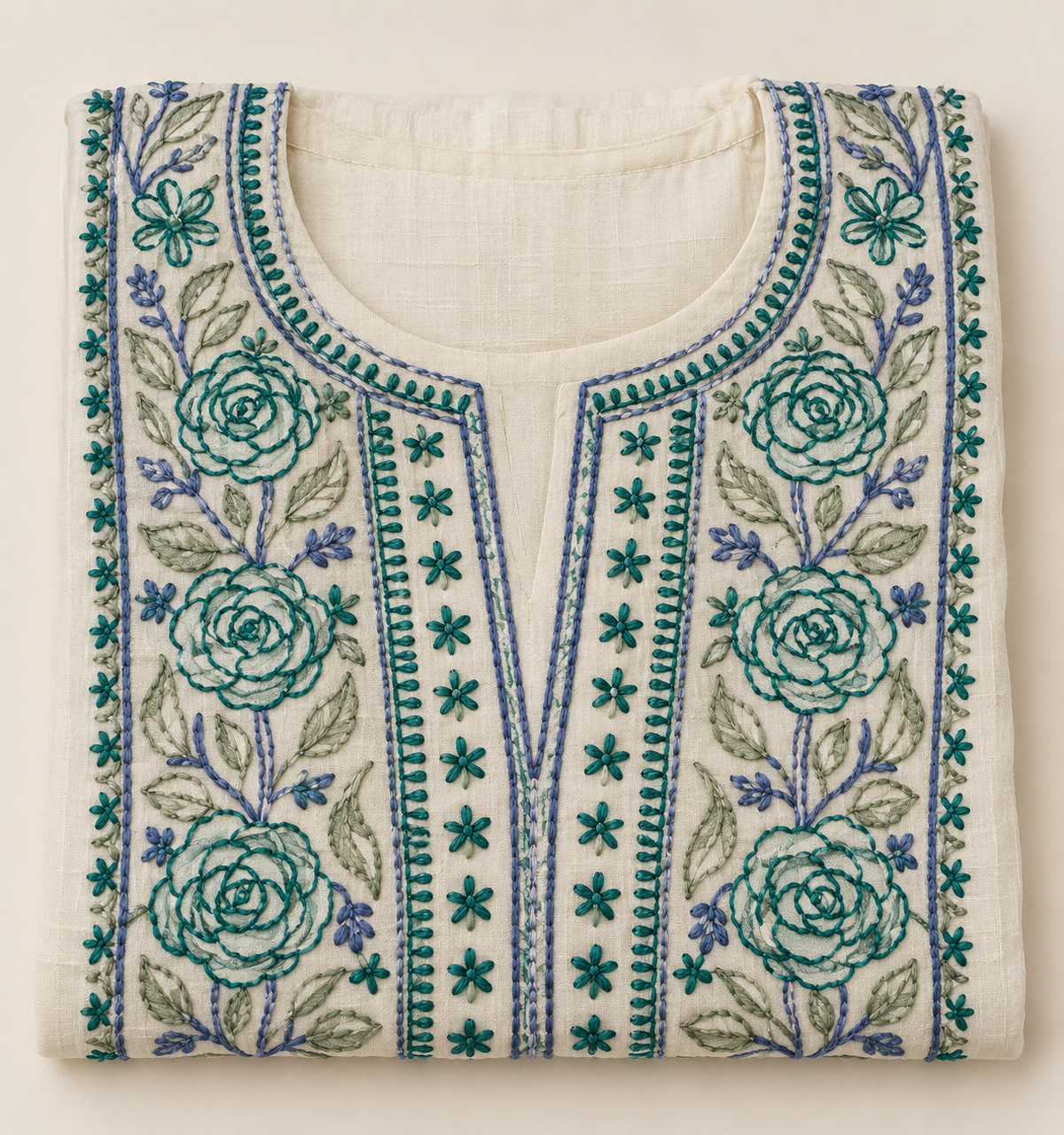 Ivory Kurta with Teal Floral Embroidery