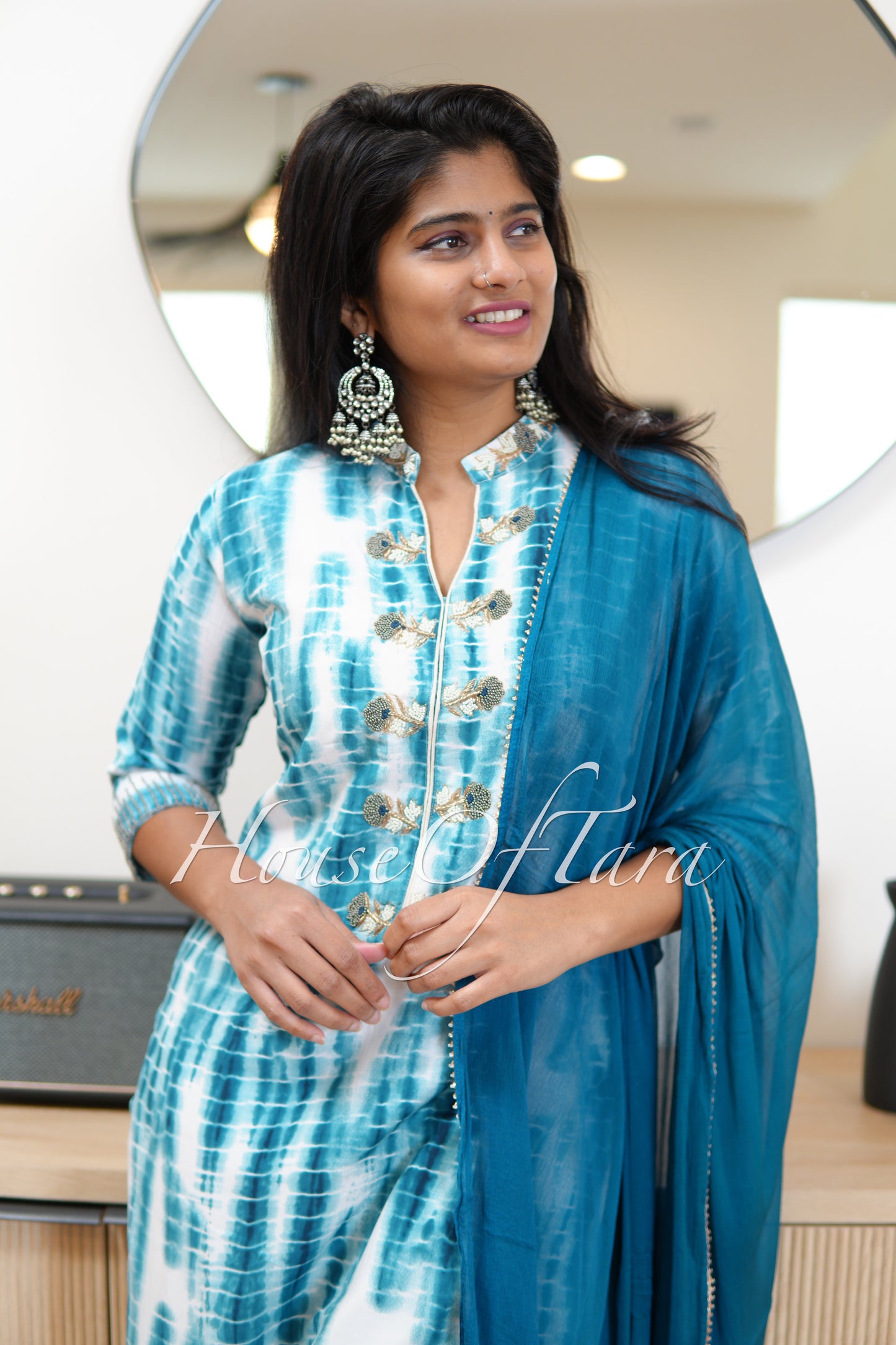 Indigo Elegance: Blue Silk Kurti Set with Hand-Embroidered Neckline and Sleeves