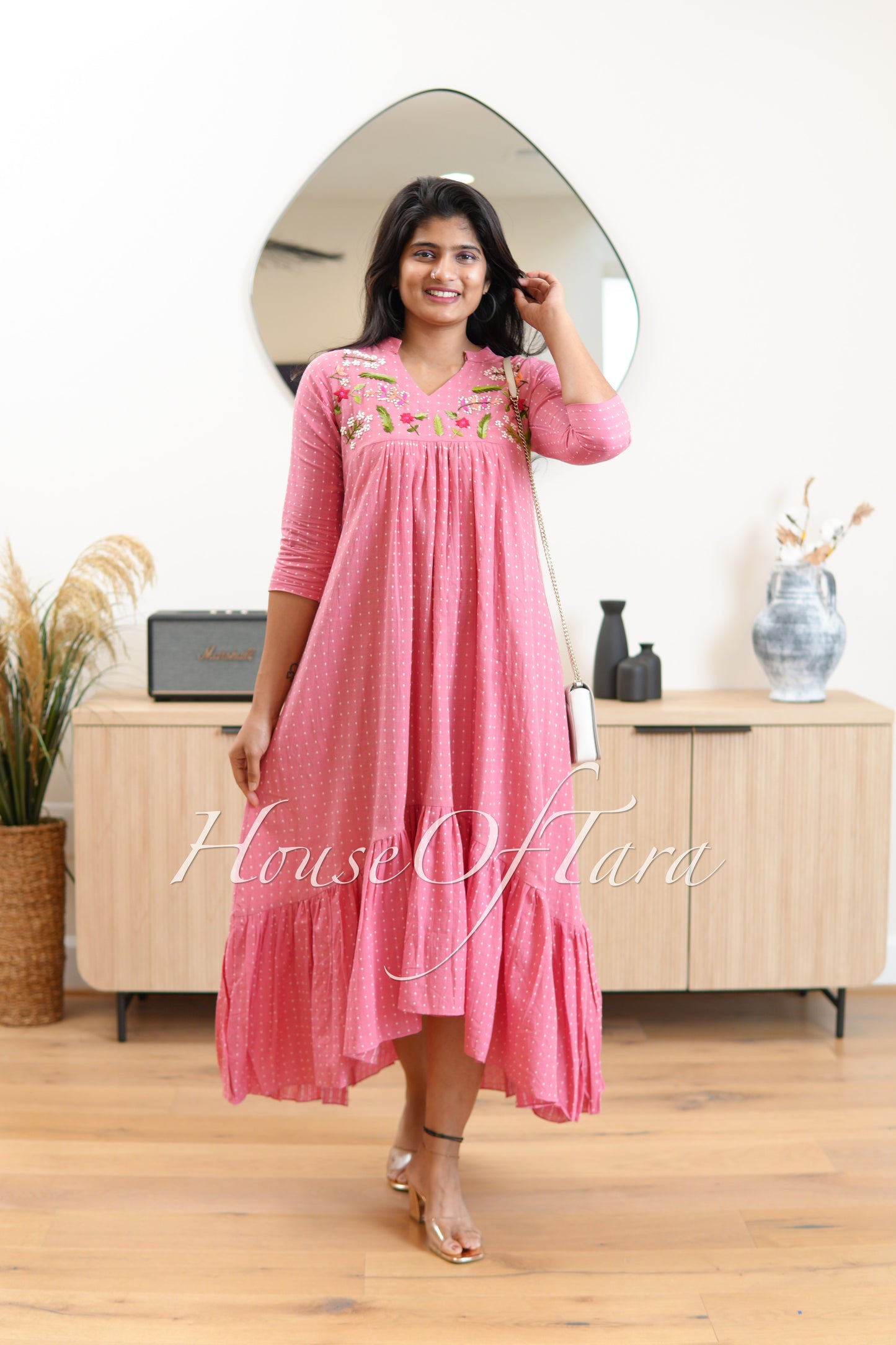 Pink Designer High-Low Frock with Embroidered Yoke