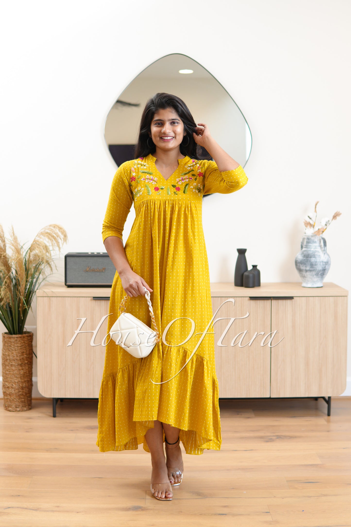 Yellow Designer High-Low Frock with Embroidered Yoke