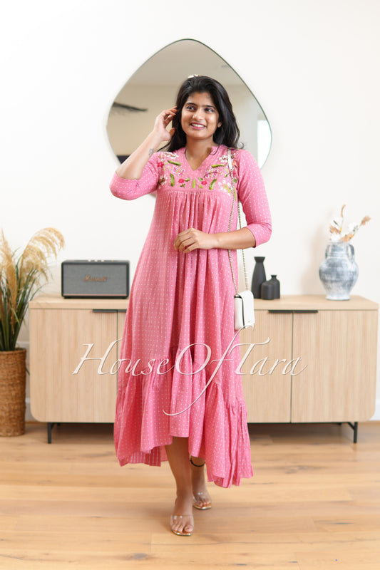 Pink Designer High-Low Frock with Embroidered Yoke