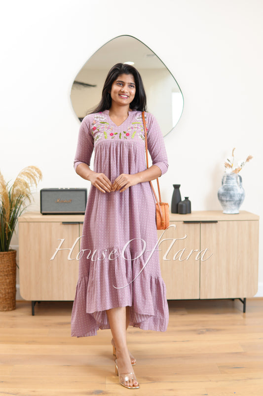 Lavender Designer High-Low Frock with Embroidered Yoke