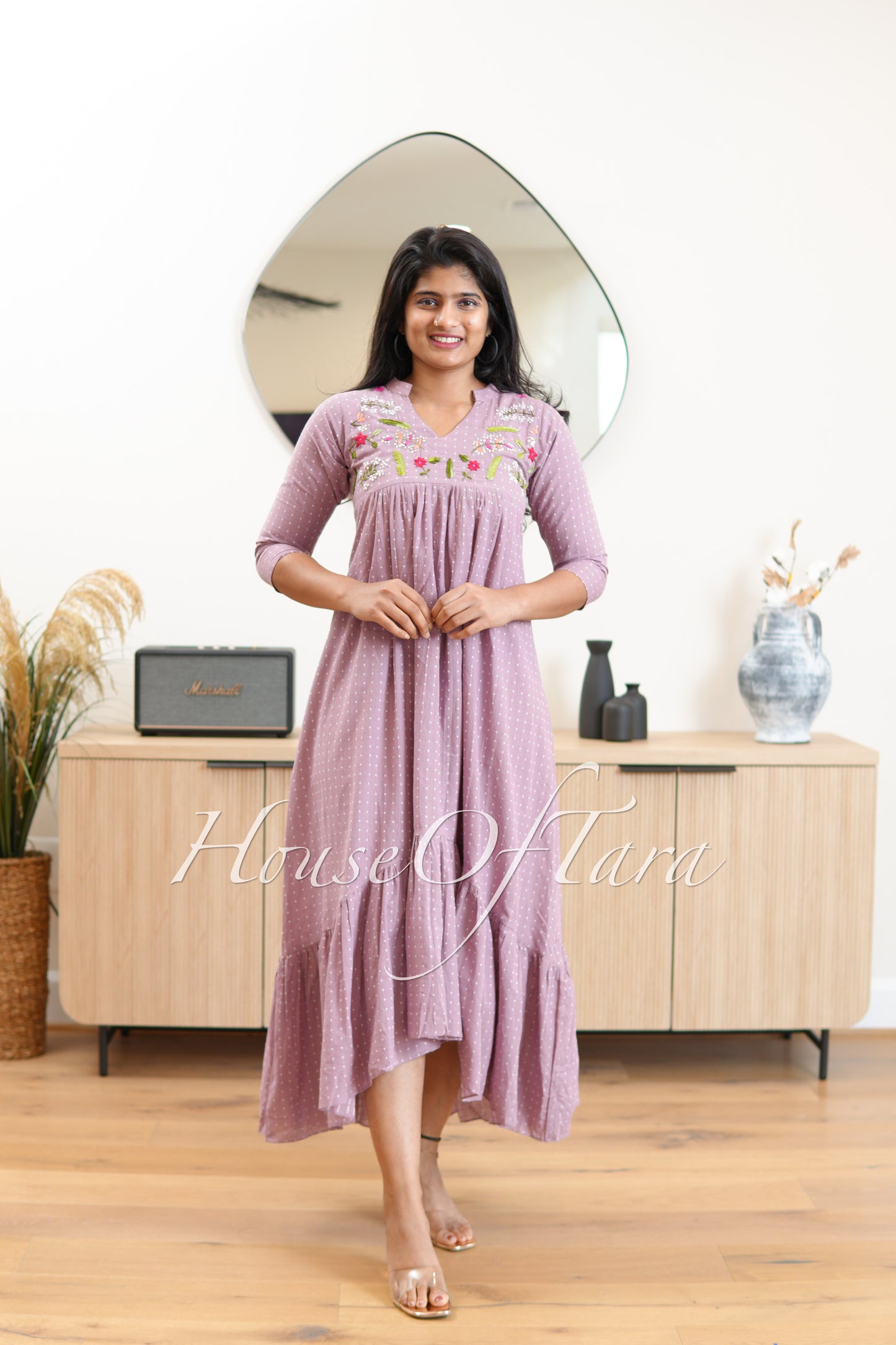 Lavender Designer High-Low Frock with Embroidered Yoke