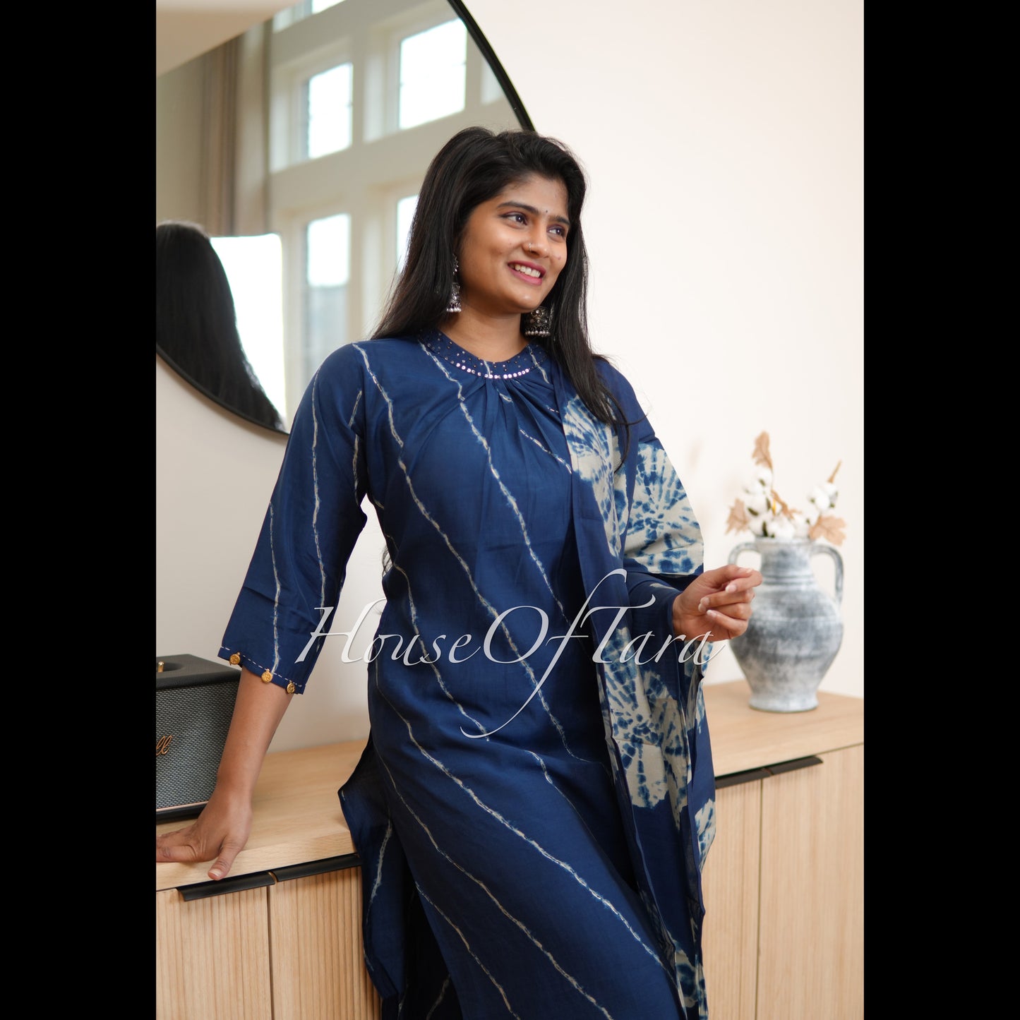 Blue -Embellished Silk Kurti Set with Leheriya Pattern and Tie-Dye Dupatta