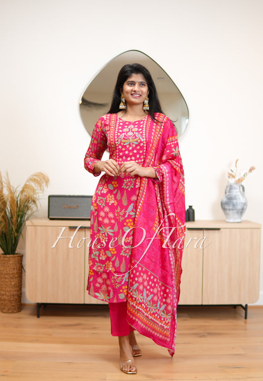 Pink Floral Embroidered Chinnon Kurti Set with Designer Dupatta