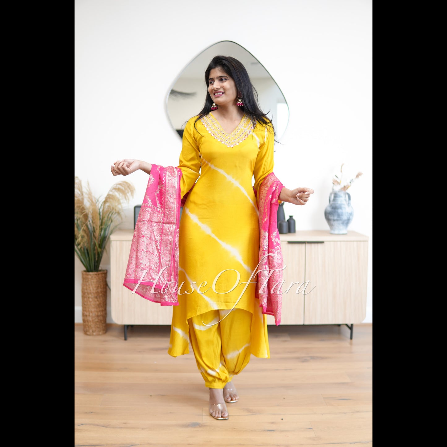 Yellow Silk Kurti Set with Fish Cut Style and Contrasting Pink Banarasi Dupatta