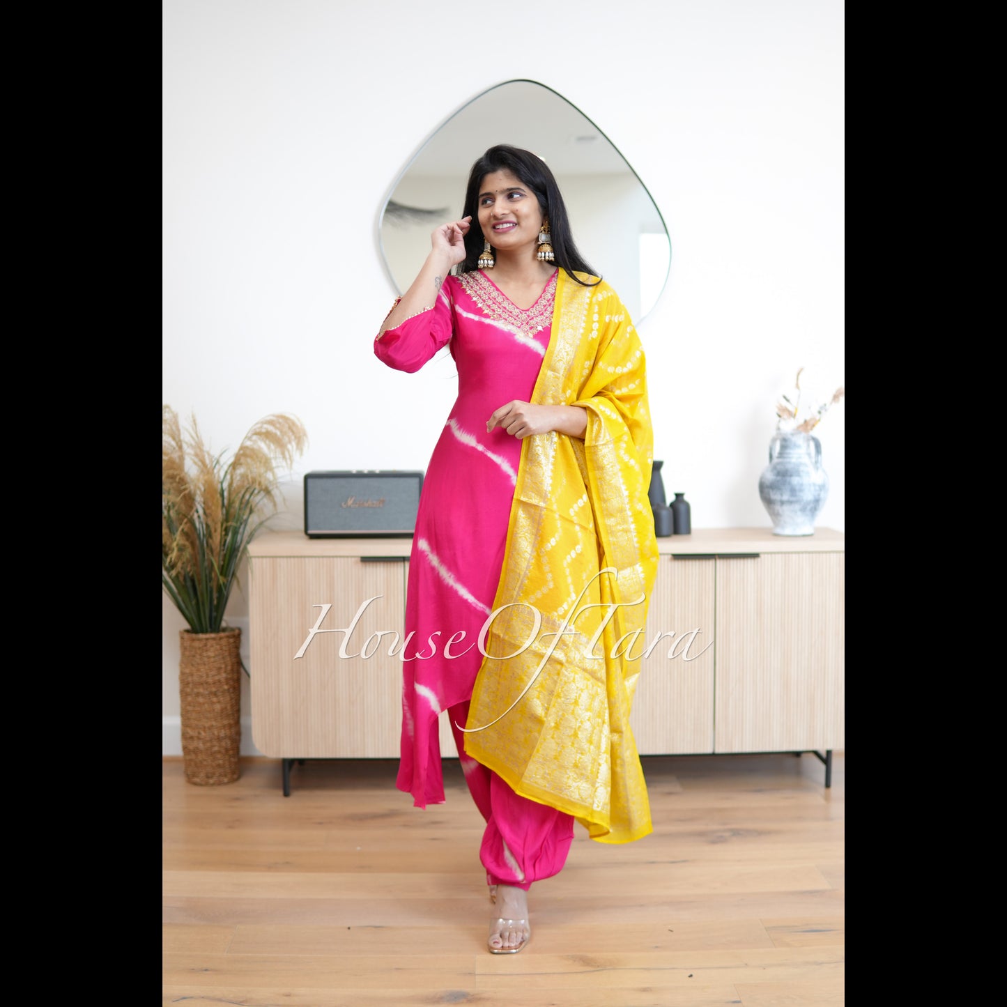 Pink Silk Kurti Set with Fish Cut Style and Contrasting Yellow Banarasi Dupatta
