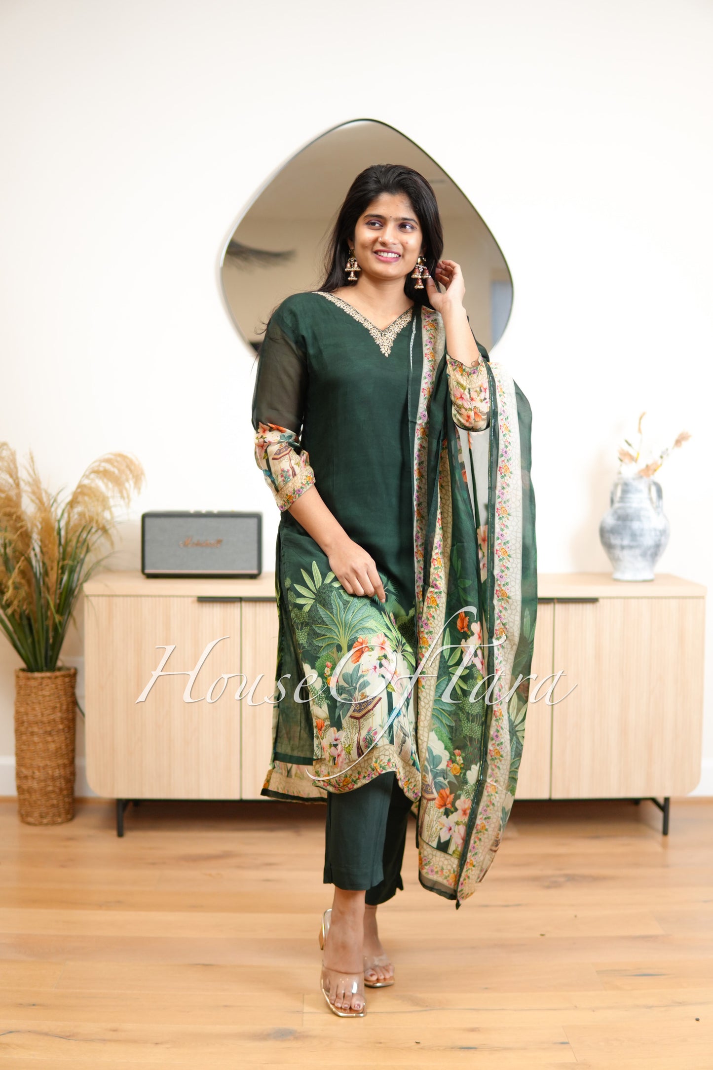 Bottle Green Silk kurti set with placement prints