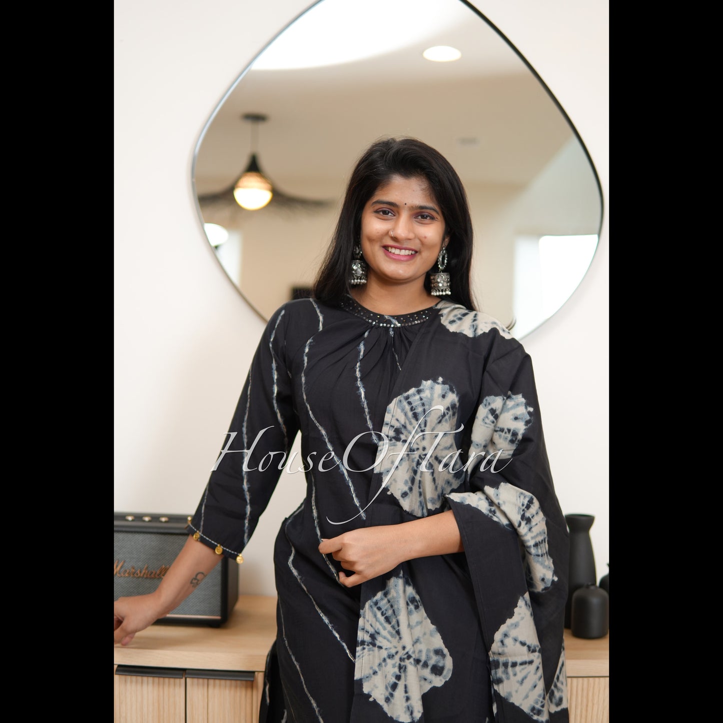 Black-Embellished Silk Kurti Set with Leheriya Pattern and Tie-Dye Dupatta