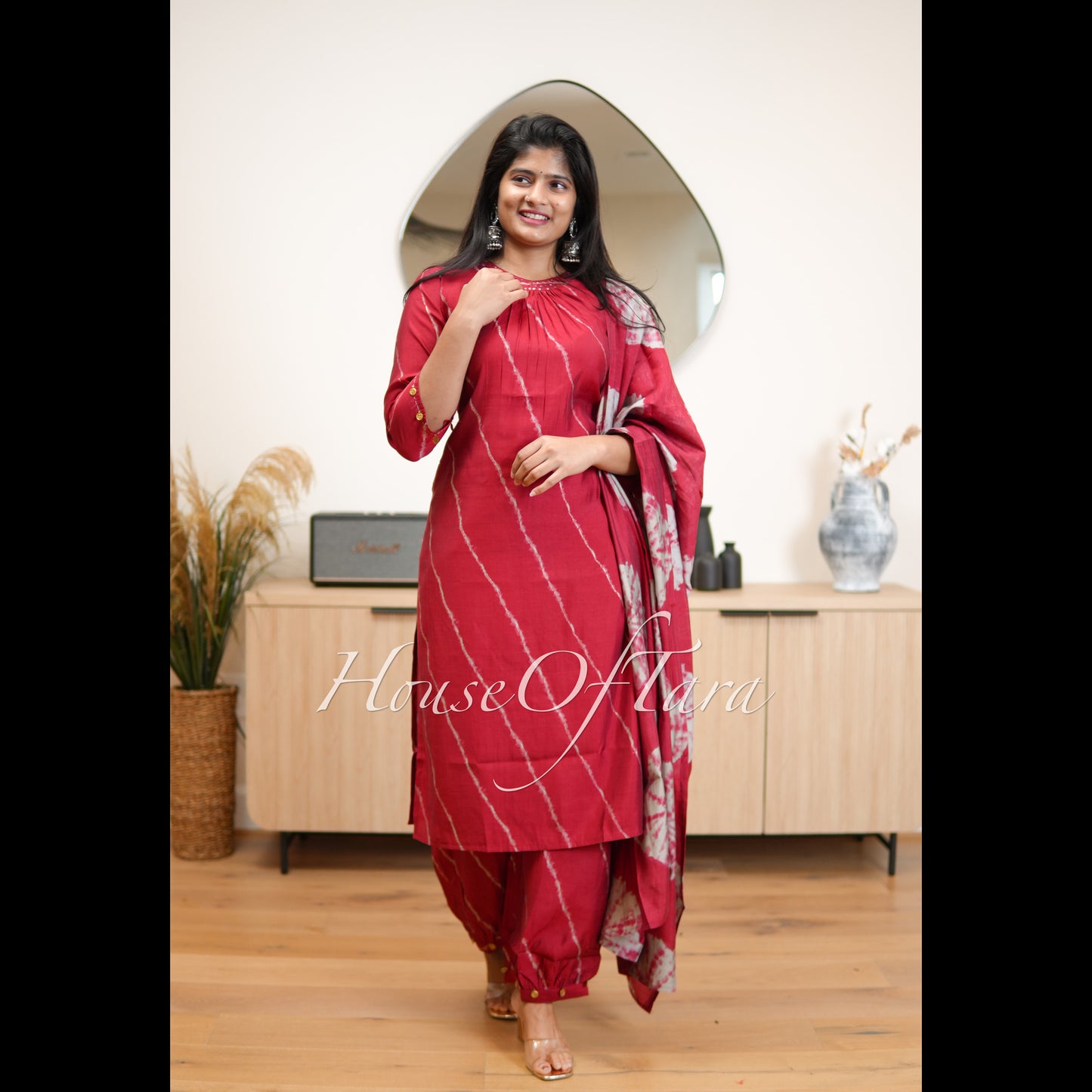 Red -Embellished Silk Kurti Set with Leheriya Pattern and Tie-Dye Dupatta