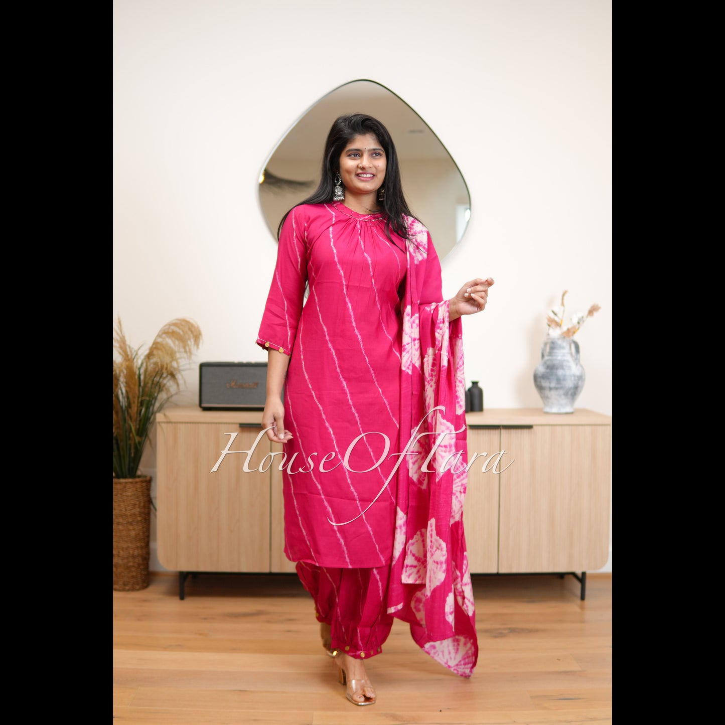 Pink -Embellished Silk Kurti Set with Leheriya Pattern and Tie-Dye Dupatta