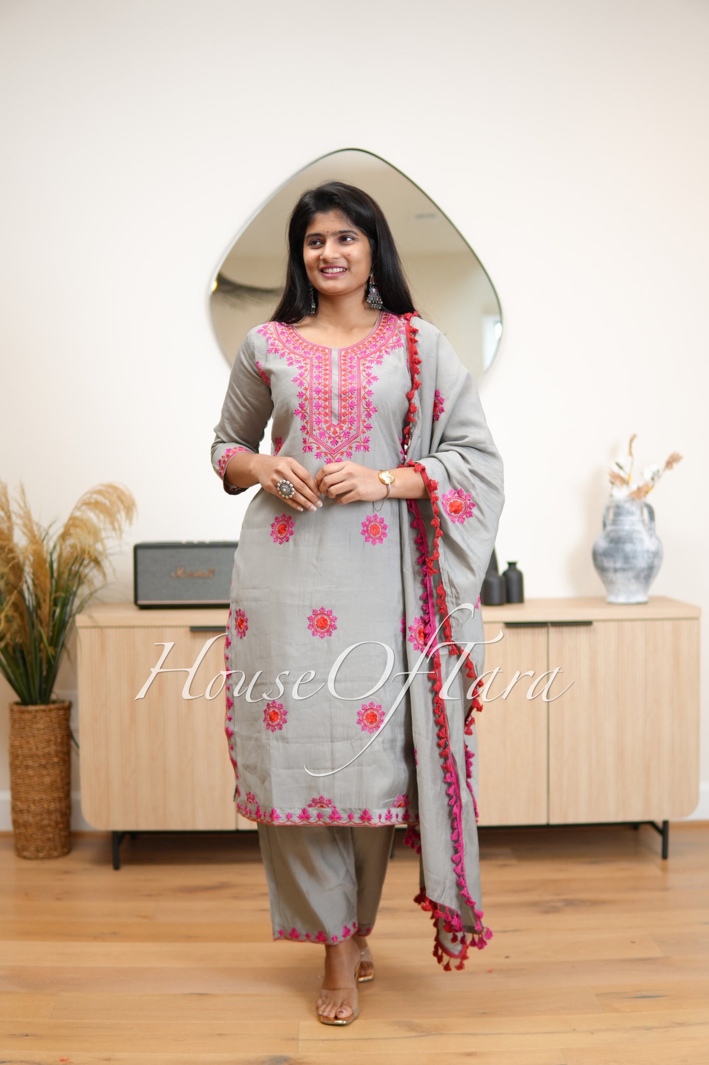 Grey Silk Kurti Set with Pink Resham Embroidery - Sophisticated Elegance
