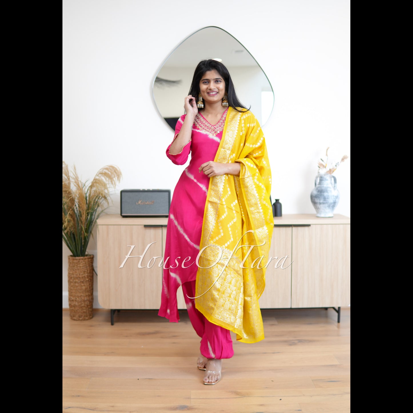 Pink Silk Kurti Set with Fish Cut Style and Contrasting Yellow Banarasi Dupatta