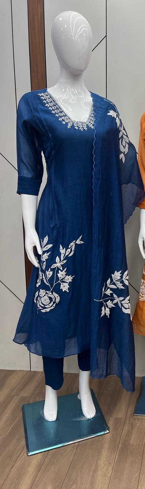 Royal Blue Mulchenderi Kurti Set with Intricate Yoke Detailing
