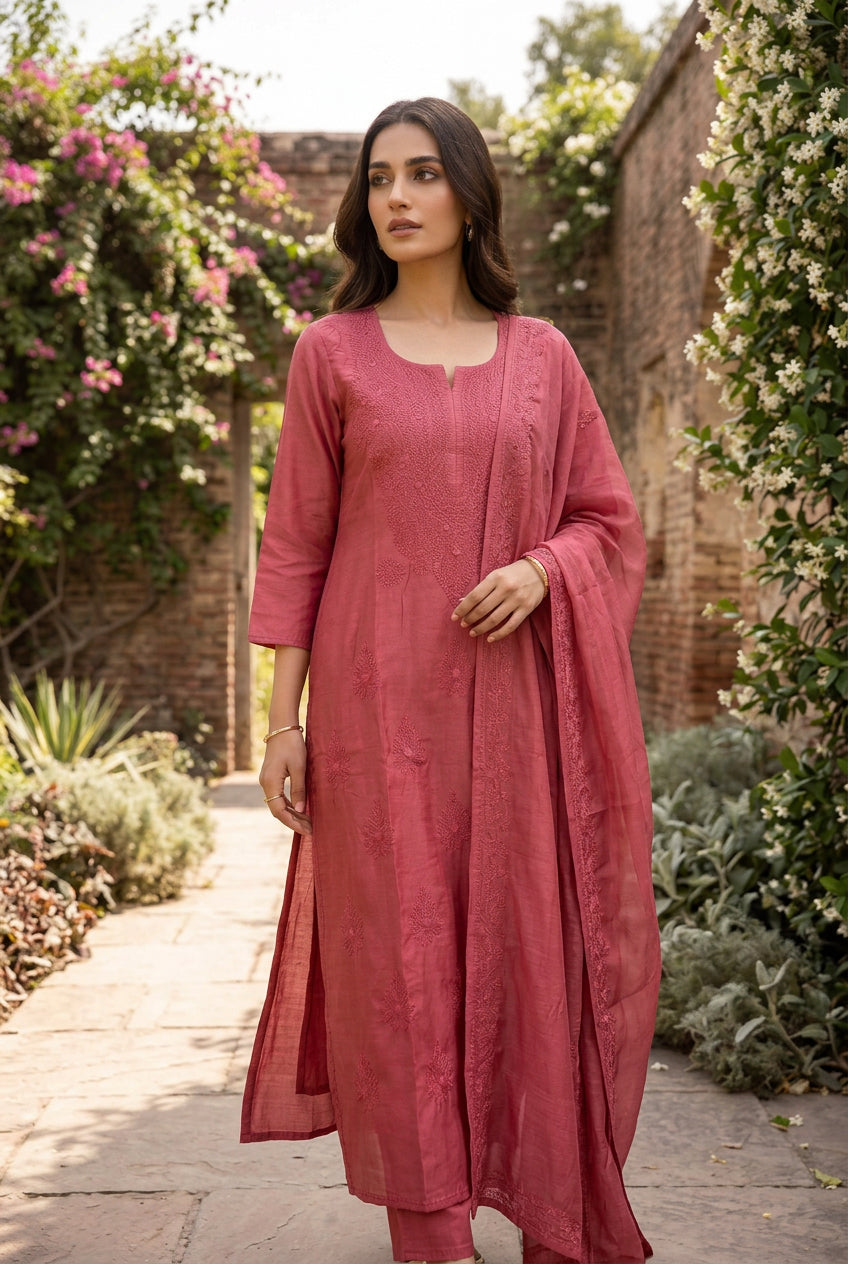 Ombre Shaded Mal Chanderi Chikankari kurti Set