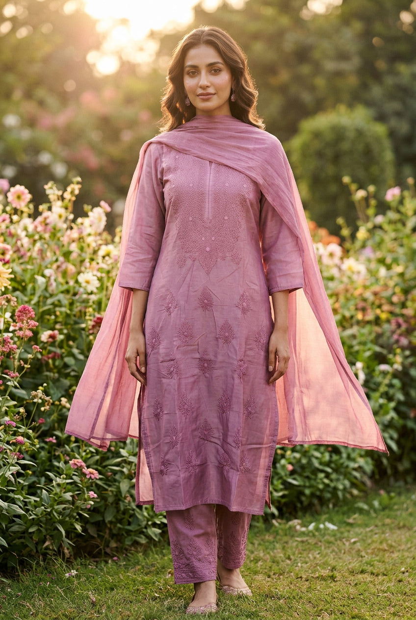 Ombre Shaded Mal Chanderi Chikankari kurti Set