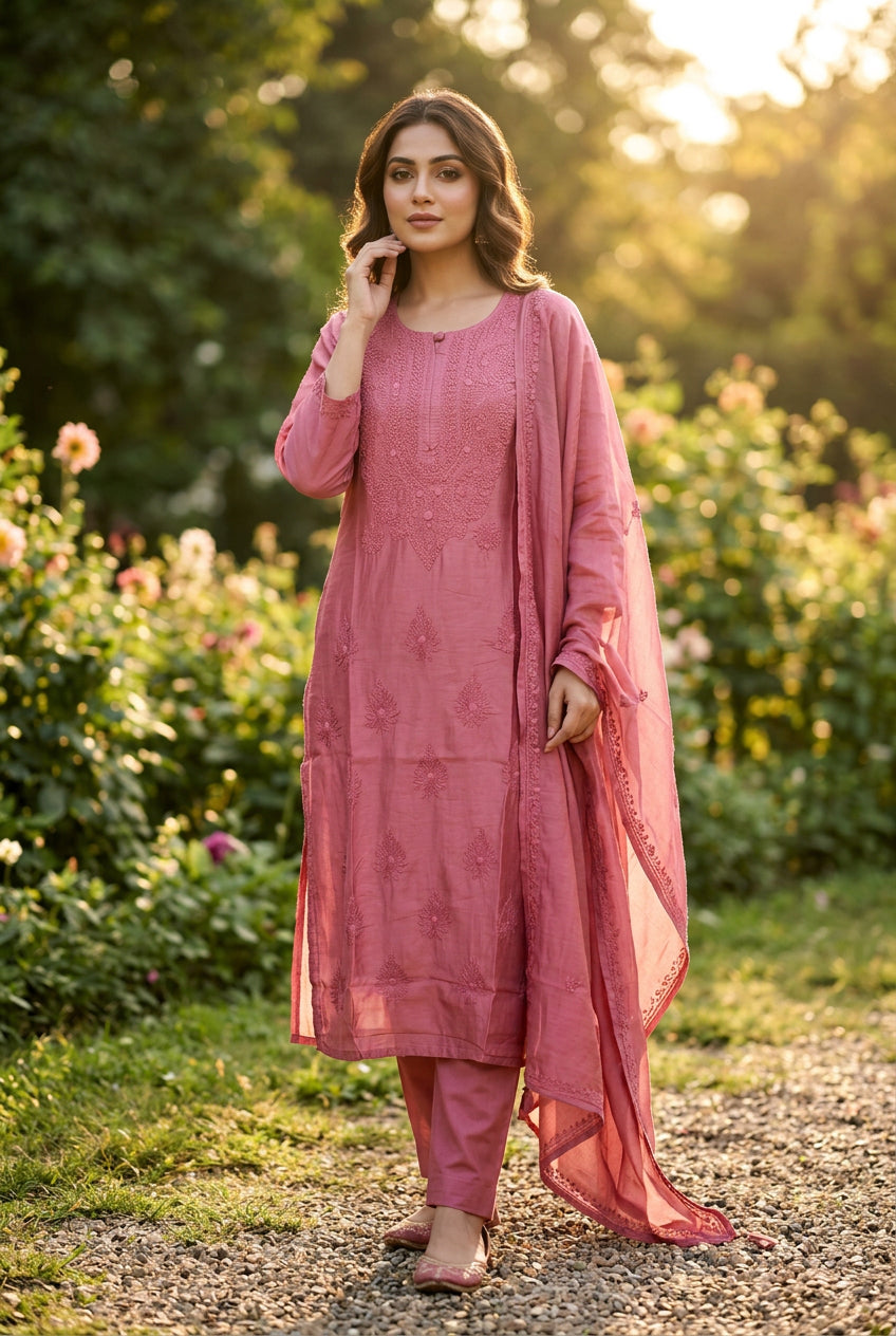 Ombre Shaded Mal Chanderi Chikankari kurti Set