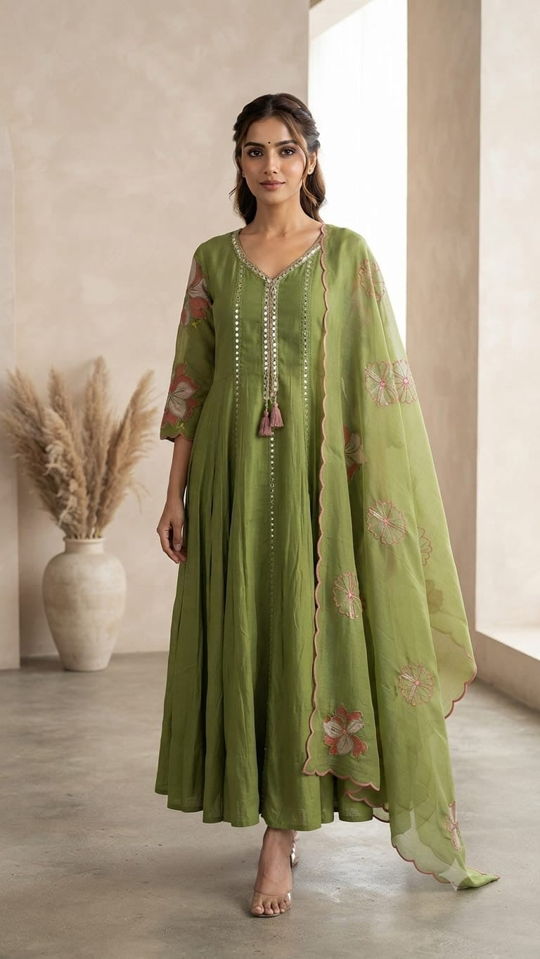 The Gulabi Noor and Olive Blossum Aline set