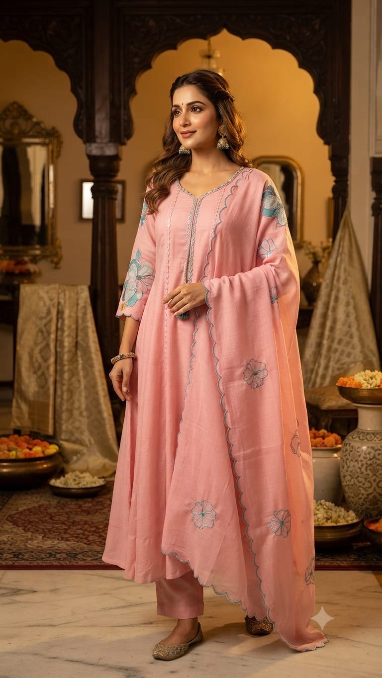 The Gulabi Noor and Olive Blossum Aline set