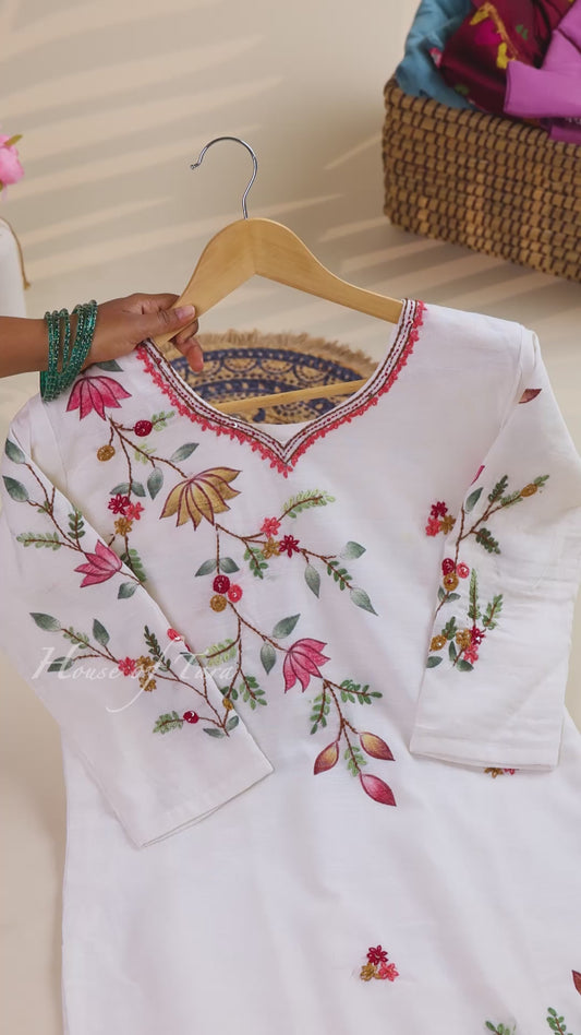 Off-White Linen Floral Kurta Set