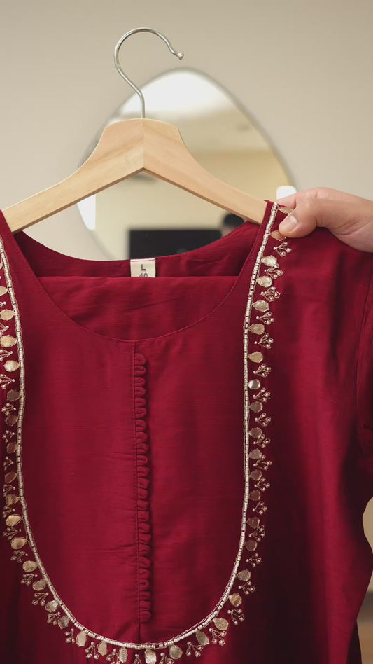 Maroon Red Bangalore Silk Two-Piece Kurti Set with Gotta Patti Detailing