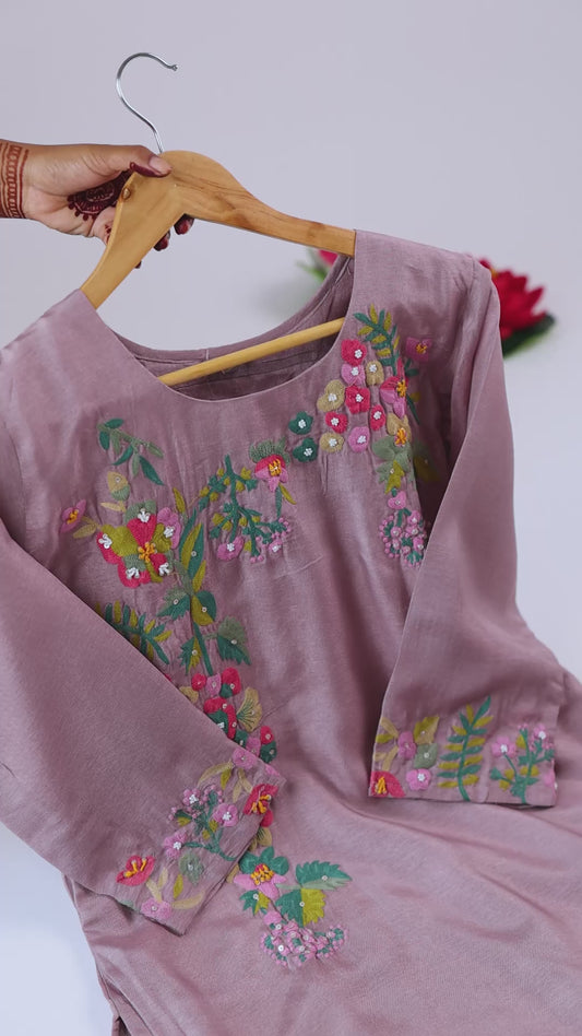 Dusty Mauve Multicolor Floral Embroidered Kurti Set