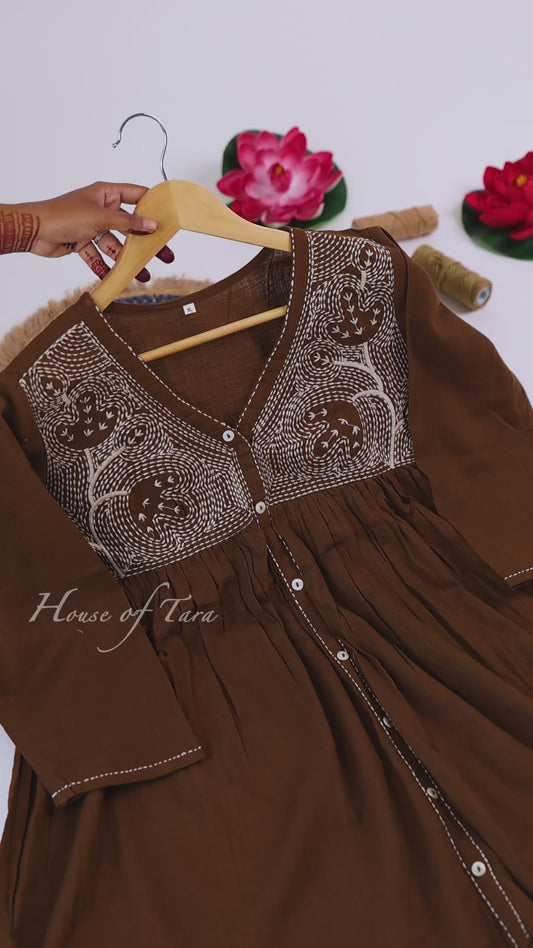 Brown Handblock V-Neck Cotton Kurti