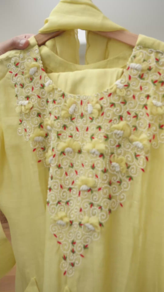 Light Yellow Mulchanderi Kurti Set with Pearl & Thread Work