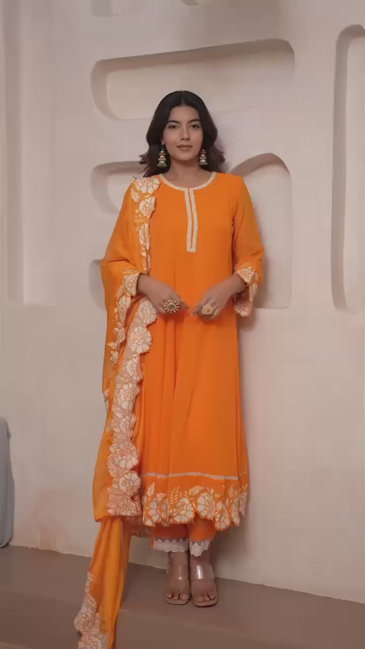 Orange Georgette Anarkali Kurti Set with Appliqué Patch Work