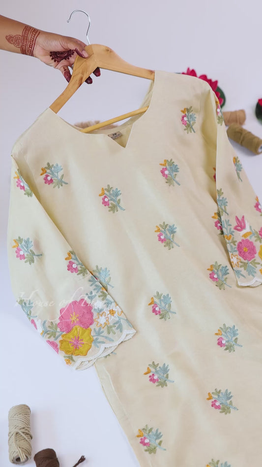 Cream Floral Embroidered Kurti Set