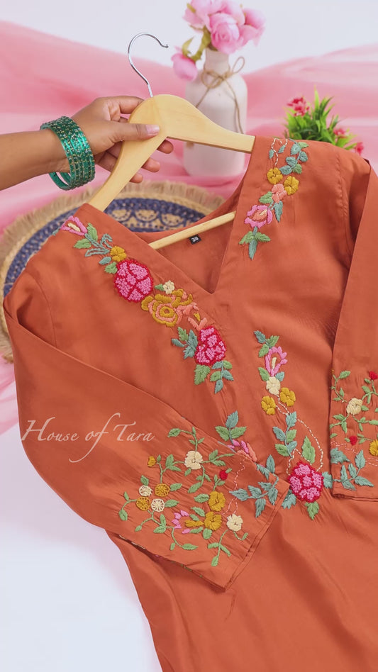 Rust Floral Embroidered Kurta Set