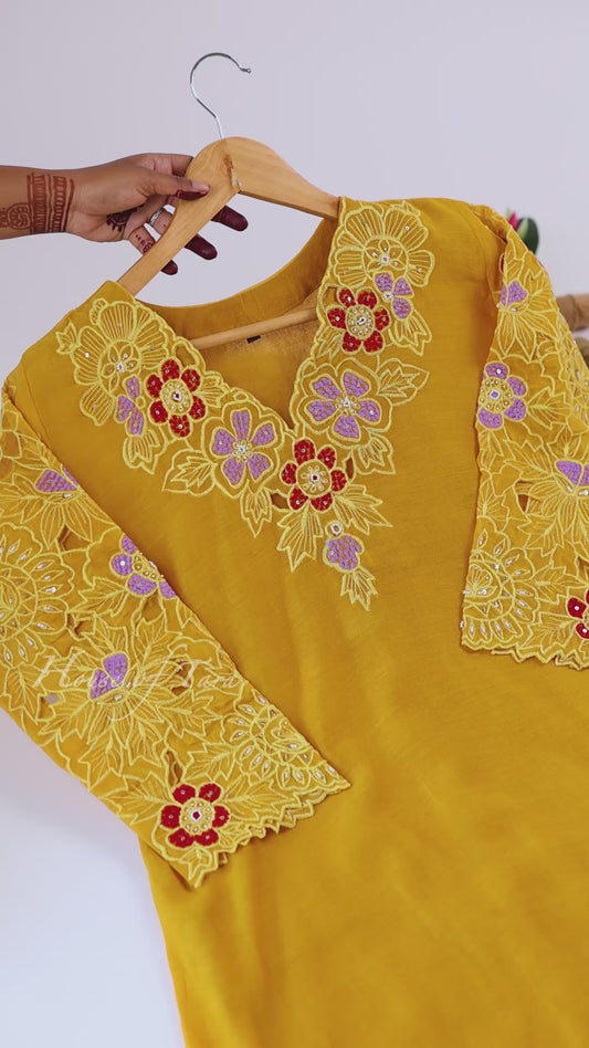 Mustard Floral Statement Embroidered Kurti Set