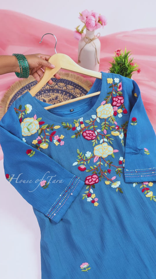 Teal Floral Embroidered Kurta