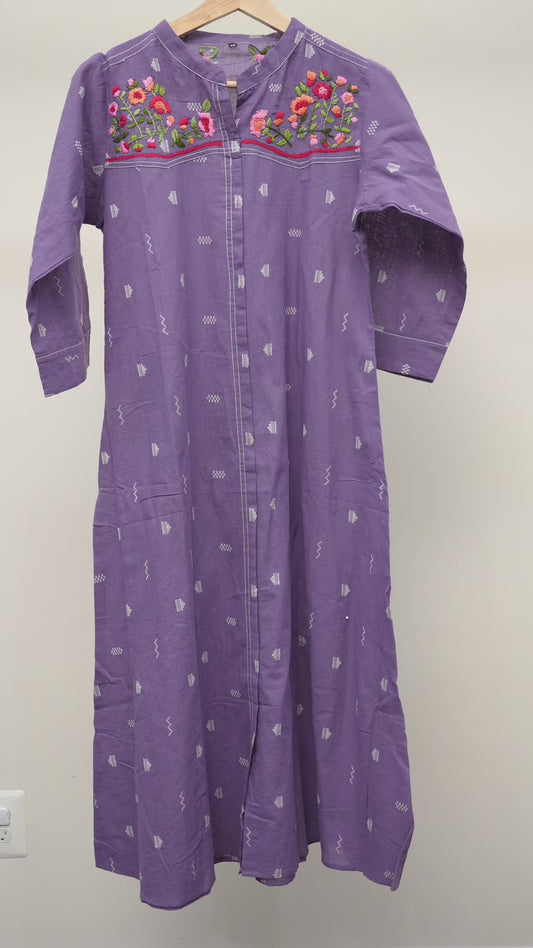Elegant Lavender frock with Red and Pink Machine Embroidery