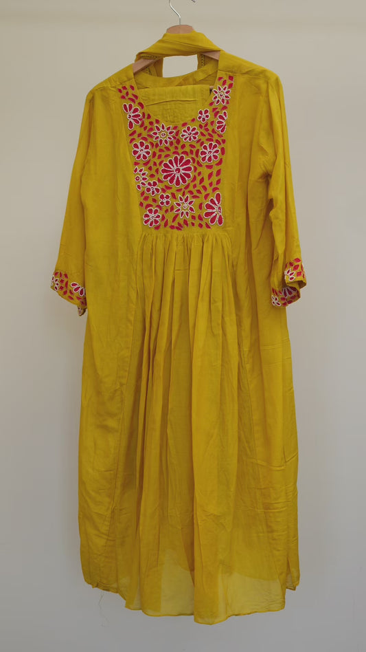 Mustard Yellow Embroidered Kurti Set