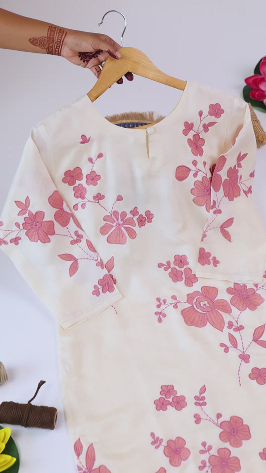 Cream Blossom Embroidered Kurti