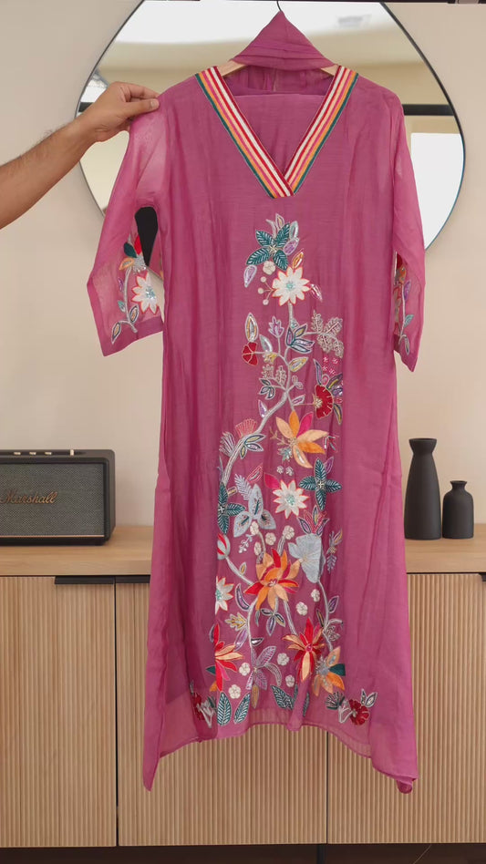Mauve Kurti with Multicolor Neck Embroidery