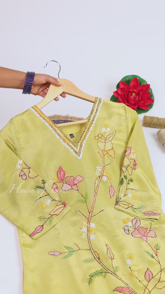 Mustard Floral Embroidered V-Neck Kurta Set