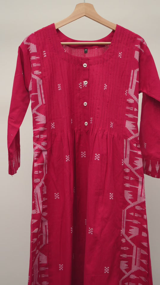 Deep Red handloom Jamdani Cotton Button-Front Frock