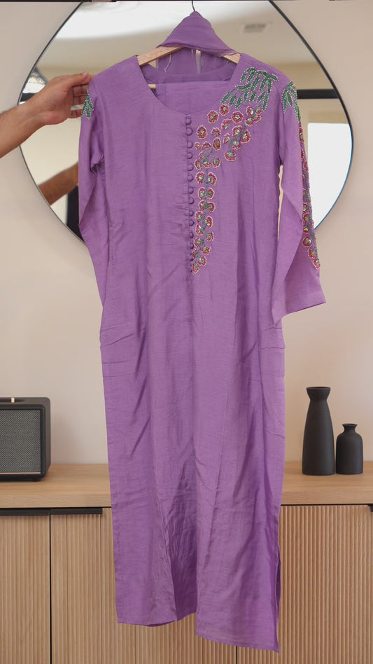 Dusty Purple Kurti with Beaded Floral Embroidery