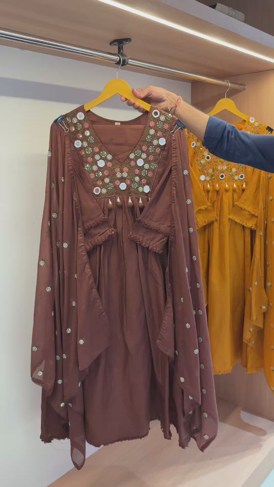 Gulbahar Mirrorwork Mulcotton Dress (Mustard/Brown)