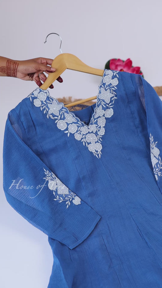 Royal Blue Floral Embroidered Kurti Set
