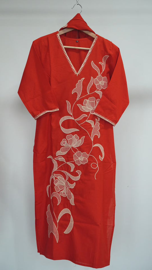 Rust Orange Embroidered Kurti with Classic V-Neck