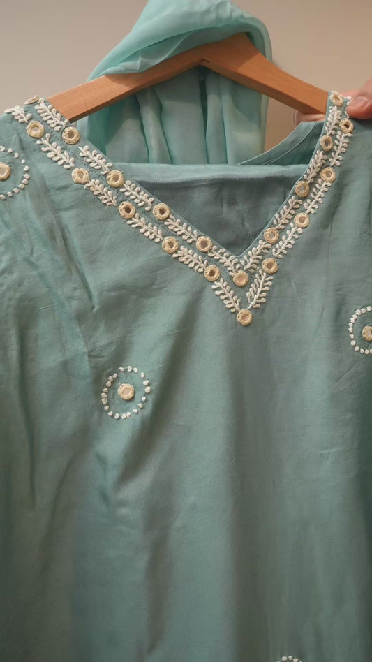 Sea Green Mirror Embellished with Bullion & French Knots