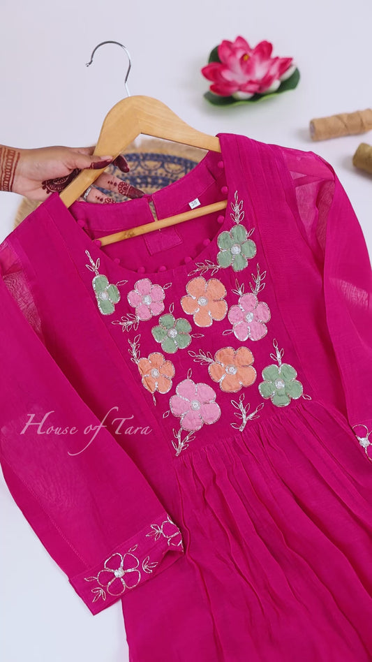 Fuchsia Multicolor Floral Embroidered Kurti Set