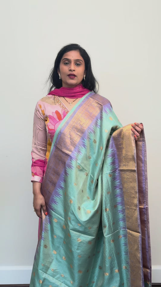 Gadwal pista green and lilac saree