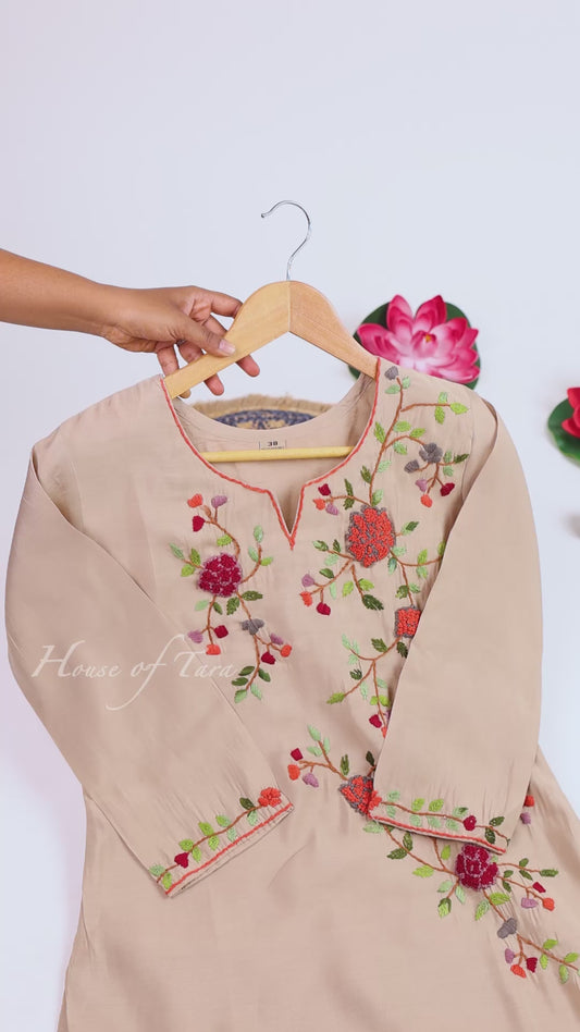 Beige Floral Embroidered Kurta Set