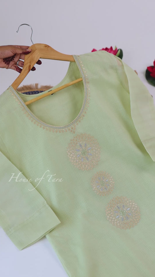 Pastel Pistachio Zari Embroidered Kurti Set