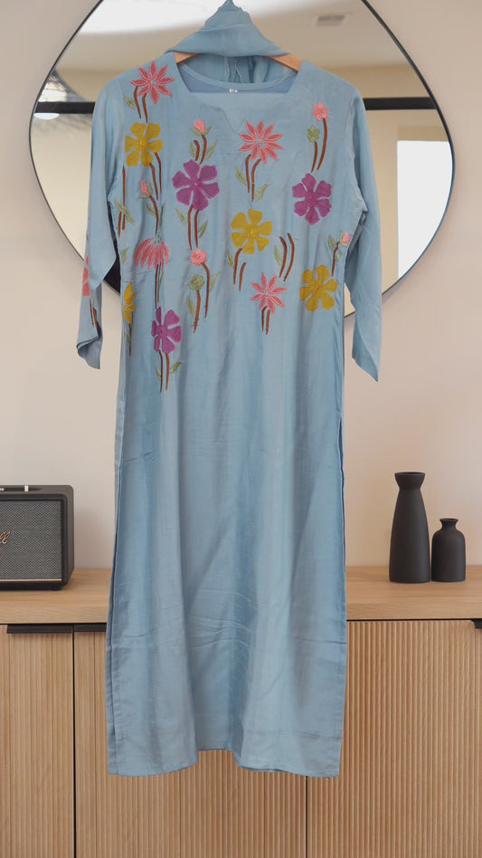 Sky Blue Floral Embroidered Kurti